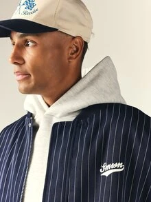 SUMWON Pinstripe Oversized Bomber Jacket With Collegiate Back Graphic Ribbed Hem And Cuffs Full Zip Closure Varsity Style - Blue - View 5
