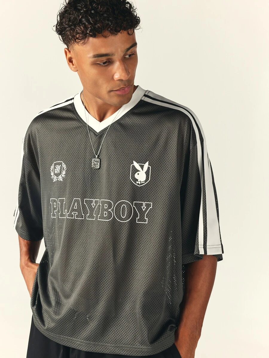 PLAYBOY X SUMWON Oversized Mesh Jersey V-Neck Top With Contrast Stripe Sleeve And Logo Chest Print - Grey - View 1