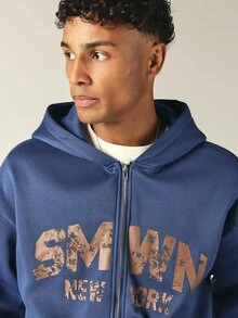 SUMWON New York Full-Zip Oversized Hoodie With Distressed Text Print Long Sleeve Ribbed Hem Casual Fall Winter Layering Sweatshirt Jacket - Blue - View 5
