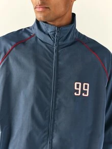 SUMWON Varsity Windbreaker Jacket With Full-Zip Closure Oversized Fit Contrast Red Piping Collegiate Back Graphic And Elastic Hem - Dusty Blue - View 5