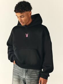 PLAYBOY X SUMWON Crop Fit Not Boyfriend Material Oversized Hoodie With Back Slogan Print And Bunny Logo For Fall Winter Casual Streetwear - Black - View 2