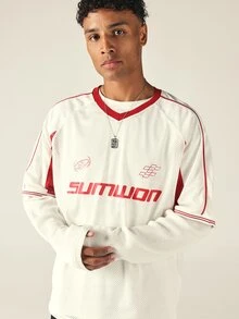 SUMWON Boxy Fit Oversized Mesh V-Neck Long Sleeve Jersey Top With Red Contrast Trim And Brand Logo Graphic Print - Red and White - View 1