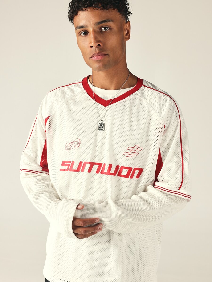 SUMWON Boxy Fit Oversized Mesh V-Neck Long Sleeve Jersey Top With Red Contrast Trim And Brand Logo Graphic Print - Red and White - View 1