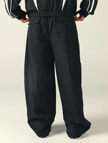 SUMWON Wide Leg Track Pants With White Contrast Panels Piping Elastic Waist Drawstring Ankle Hem Logo Embroidery Number Patch Fall Winter - Black and White - View 2