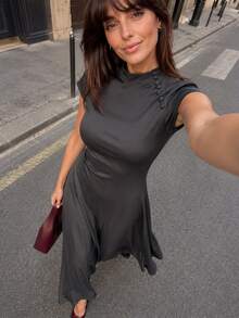 OverBlushhh Women's Grey Mock Neck Long Dress, Elegant, Office, Business, Workwear, Fall - Dark Grey - View 5