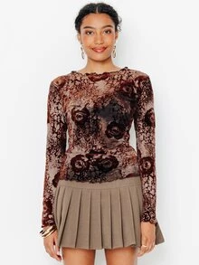 Pimkie Edition Atasan Jala Lengan Panjang Motif Grafis Cokelat untuk Wanita, Pakaian Kasual Sehari-hari - Coklat - View 3