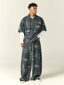 SUMWON Washed Denim Half-Zip Collared Short Sleeve Boxy Top With Chest Pocket And Abstract AOP Vintage Distressed Pattern - Blue - View 3