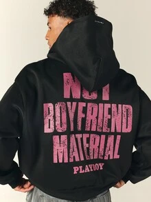 PLAYBOY X SUMWON Crop Fit Not Boyfriend Material Oversized Hoodie With Back Slogan Print And Bunny Logo For Fall Winter Casual Streetwear - Black - View 1