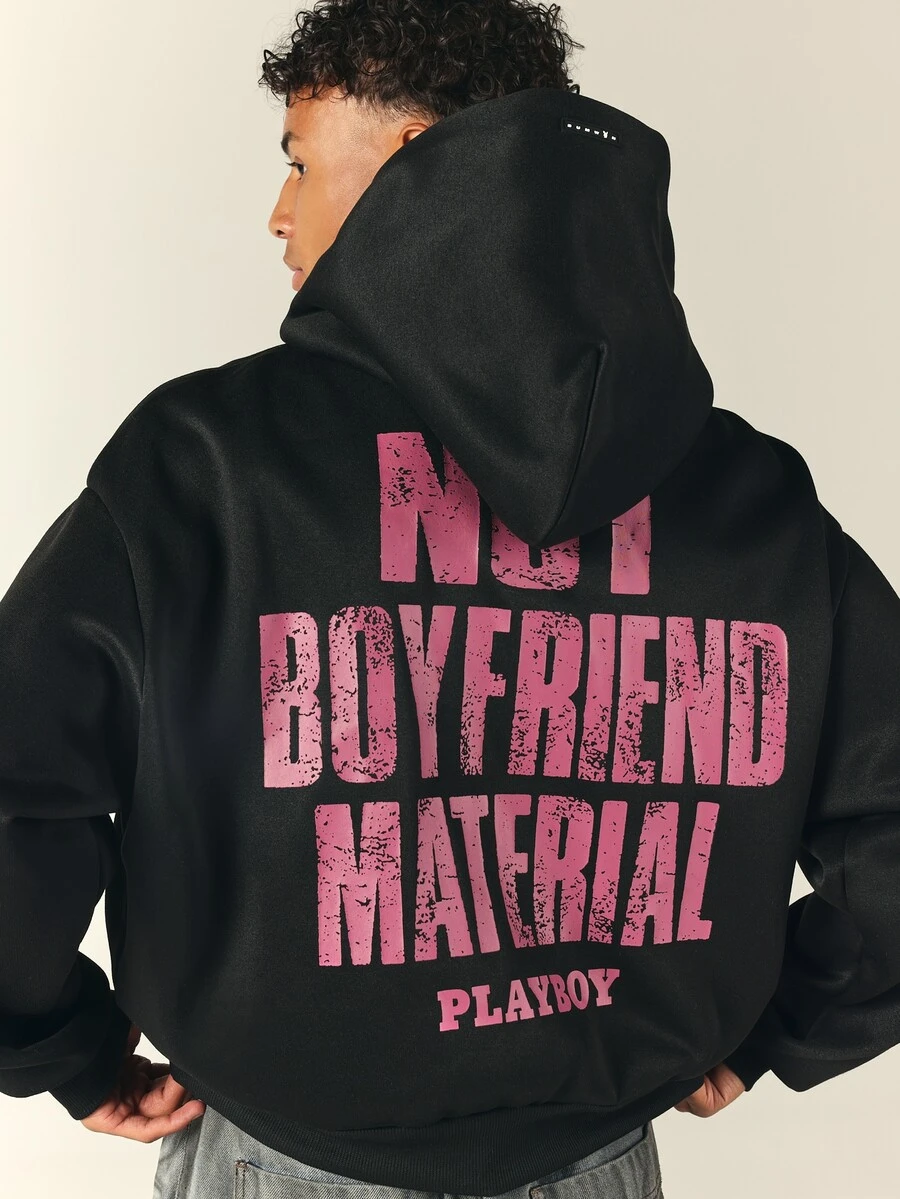 PLAYBOY X SUMWON Crop Fit Not Boyfriend Material Oversized Hoodie With Back Slogan Print And Bunny Logo For Fall Winter Casual Streetwear - Black - View 1