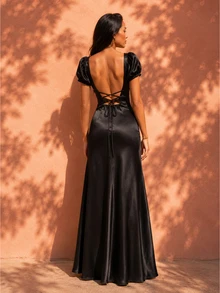 OverBlushhh Women's Black Satin Maxi Dress With Puff Sleeves And Open Back, Elegant, Party, Evening, Wedding Guest, Summer - Black - View 2