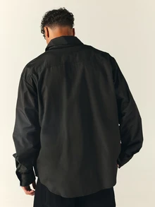 SUMWON Oversized Long Sleeve Button-Up Shirt With Point Collar Chest Pocket And Diamond Logo Patch Detail - Black - View 2