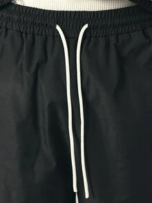 SUMWON Wide Leg Track Pants With White Contrast Panels Piping Elastic Waist Drawstring Ankle Hem Logo Embroidery Number Patch Fall Winter - Black and White - View 6