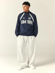 SUMWON Athletic Department 2026 Varsity Windbreaker Jacket With Contrast Silver Stripe Detailing Full Zip Oversized Fit Hip Length - Royal Blue - View 3