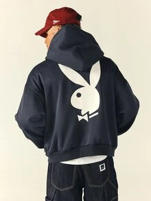 PLAYBOY X SUMWON Full-Zip Oversized Hoodie With Iconic Bunny Logo Back Print And Varsity Script Chest Detail - Navy Blue - View 1