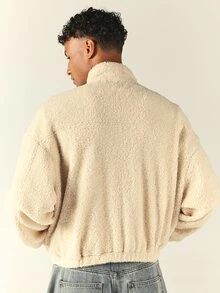 SUMWON Oversized Sherpa Fleece Bomber Jacket Full Zip Teddy Bear Coat With Welt Pockets And Ribbed Cuffs Cozy Winter Outerwear - Apricot - View 2