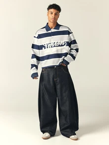 SUMWON Kemeja Polo Rugby Lengan Panjang Longgar dengan Potongan Boxy, Garis Horizontal, dan Logo Grafis Bergaya Vintage di Bagian Dada, Atasan Pullover Berkerah - MultiWarna - View 3