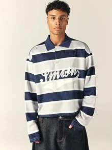 SUMWON Kemeja Polo Rugby Lengan Panjang Longgar dengan Potongan Boxy, Garis Horizontal, dan Logo Grafis Bergaya Vintage di Bagian Dada, Atasan Pullover Berkerah - MultiWarna - View 1