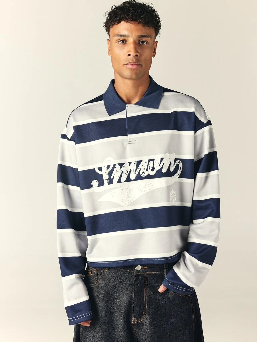 SUMWON Kemeja Polo Rugby Lengan Panjang Longgar dengan Potongan Boxy, Garis Horizontal, dan Logo Grafis Bergaya Vintage di Bagian Dada, Atasan Pullover Berkerah - MultiWarna - View 1