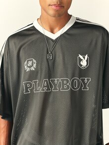 PLAYBOY X SUMWON Oversized Mesh Jersey V-Neck Top With Contrast Stripe Sleeve And Logo Chest Print - Grey - View 6