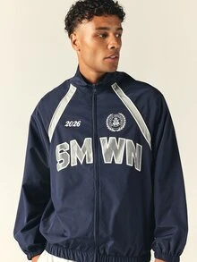 SUMWON Athletic Department 2026 Varsity Windbreaker Jacket With Contrast Silver Stripe Detailing Full Zip Oversized Fit Hip Length - Royal Blue - View 1