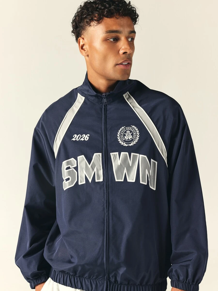 SUMWON Athletic Department 2026 Varsity Windbreaker Jacket With Contrast Silver Stripe Detailing Full Zip Oversized Fit Hip Length - Royal Blue - View 1
