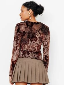 Pimkie Edition Atasan Jala Lengan Panjang Motif Grafis Cokelat untuk Wanita, Pakaian Kasual Sehari-hari - Coklat - View 2