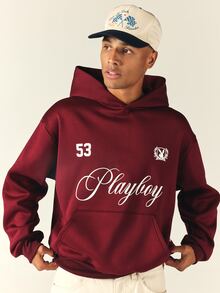 PLAYBOY X SUMWON Oversized Pullover Hoodie With Script Logo Print And Bunny Sheild Graphic On Solid Fleece Long Sleeve Top - Burgundy - View 1