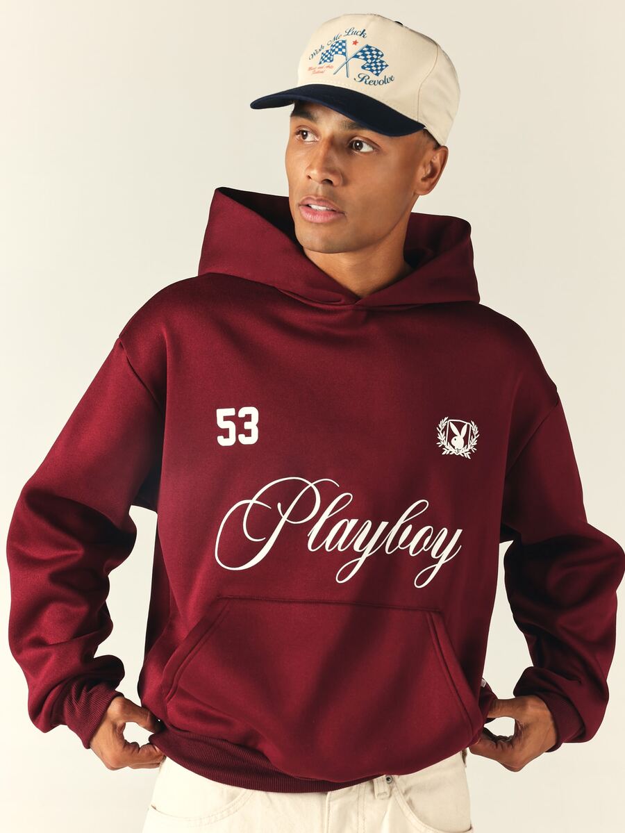 PLAYBOY X SUMWON Oversized Pullover Hoodie With Script Logo Print And Bunny Sheild Graphic On Solid Fleece Long Sleeve Top - Burgundy - View 1