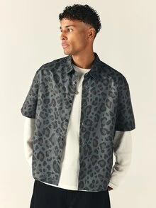 SUMWON Oversized Short Sleeve Leopard Print Button-Up Shirt With Point Collar All Over Animal Print Pattern Casual Summer Holiday Style - Dark Green - View 6