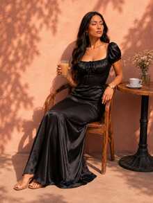 OverBlushhh Women's Black Satin Maxi Dress With Puff Sleeves And Open Back, Elegant, Party, Evening, Wedding Guest, Summer - Black - View 4