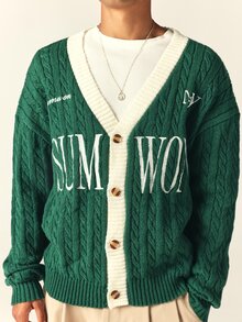 SUMWON Oversized Cable Knit Cardigan V-Neck Button-Up Long Sleeve Sweater With Contrast Cream Trim And Bold Logo Print - Green - View 5