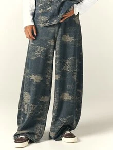 SUMWON Wide Leg Vintage Washed Denim Jeans With Abstract Distressed Pattern Full Length Relaxed Fit Baggy Trousers Fall Winter Streetwear - Blue - View 4