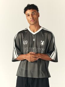 PLAYBOY X SUMWON Oversized Mesh Jersey V-Neck Top With Contrast Stripe Sleeve And Logo Chest Print - Grey - View 4
