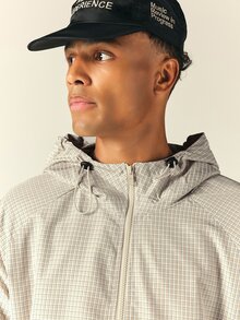 SUMWON Oversized Hooded Windbreaker Jacket With Full Zip Closure Checked Pattern Elasticated Cuffs Hip Length Lightweight Outerwear For Fall Winter - Khaki - View 5