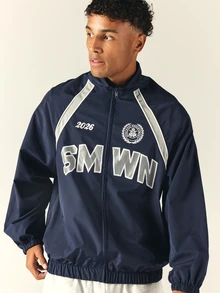 SUMWON Athletic Department 2026 Varsity Windbreaker Jacket With Contrast Silver Stripe Detailing Full Zip Oversized Fit Hip Length - Royal Blue - View 4