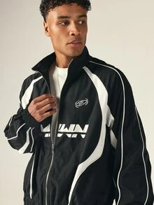 SUMWON 09 Windbreaker Jacket Full Zip Mandarin Collar White Contrast Panel Piping Long Sleeve Hip Length Regular Fit - Black and White - View 6