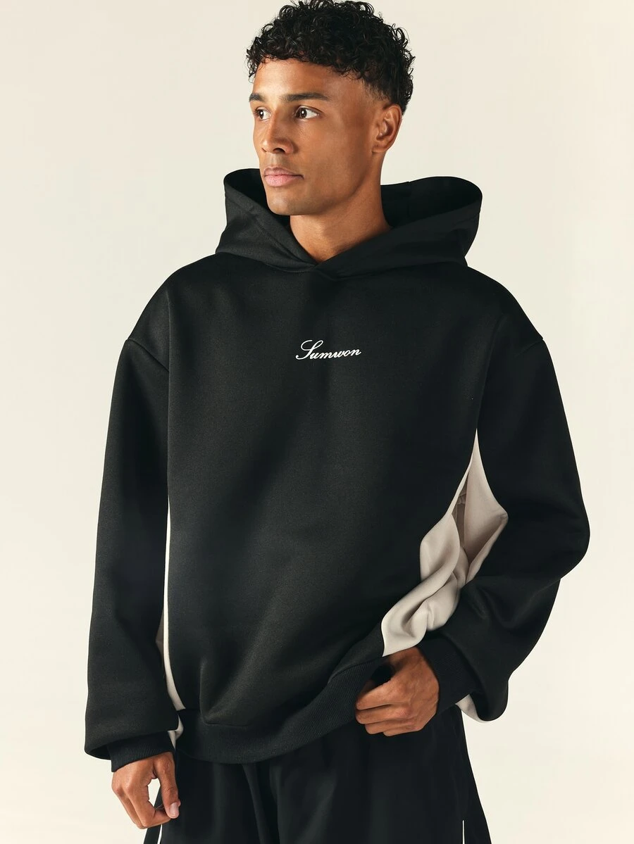 SUMWON Samwon Oversized Color Block Hoodie With Embroidered Logo Script Pullover Contrast Panel Long Sleeve Hood Fall Winter Casual Streetwear - Multicolor - View 1