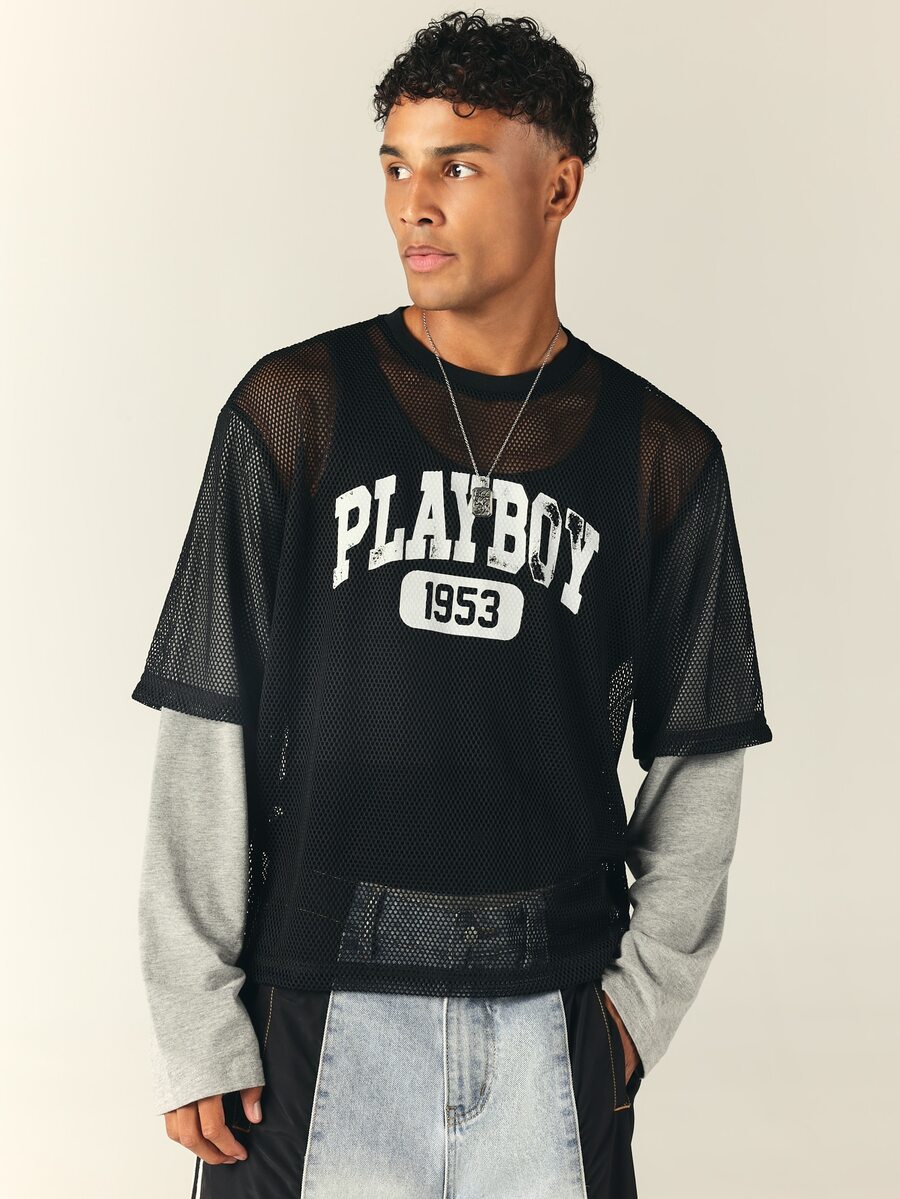 PLAYBOY X SUMWON 1953 Oversized Mesh Crew Neck Short Sleeve Top With Varsity Chest Print Summer Festival Street Style - Multicolor - View 1