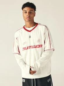 SUMWON Boxy Fit Oversized Mesh V-Neck Long Sleeve Jersey Top With Red Contrast Trim And Brand Logo Graphic Print - Red and White - View 6
