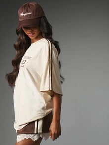 MISSGUIDED Sport Oversized Crew Neck T-Shirt With Number 22 Chest Print And Brown Contrast Stripe Sleeve Detail - Apricot - View 5