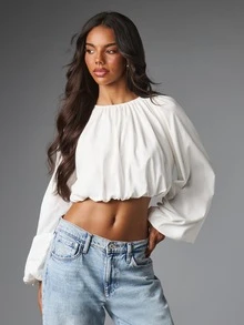 MISSGUIDED Gathered Boat Neck Puff Long Sleeve Bubble Hem Cropped Blouse Spring Summer Festival Party Night Out Top - White - View 1