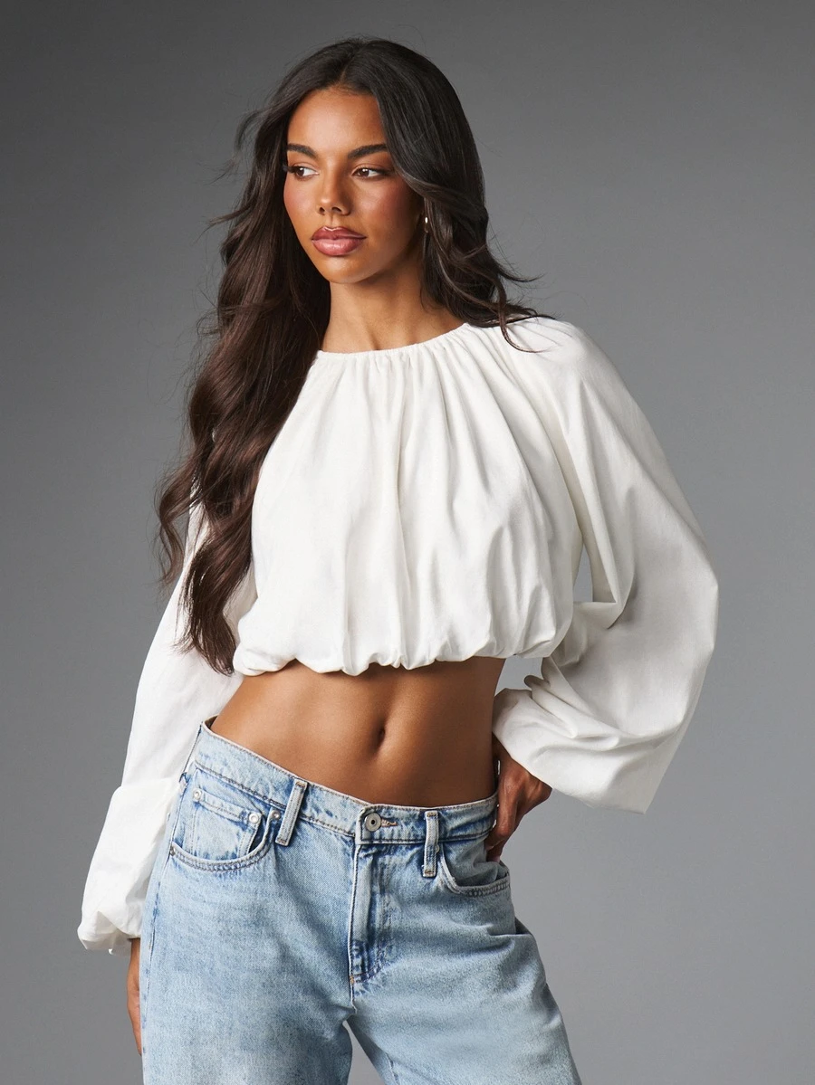 MISSGUIDED Gathered Boat Neck Puff Long Sleeve Bubble Hem Cropped Blouse Spring Summer Festival Party Night Out Top - White - View 1