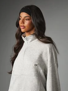 MISSGUIDED Sport Half-Zip Oversized Sweatshirt With Funnel Neck Long Sleeve Patch Logo Detail Cozy Pullover Top - Light Grey - View 5