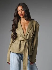 MISSGUIDED Faux Suede Wrap Blazer Jacket With Self-Tie Belt Lapel Collar Oversized Fit Autumn Winter Evening Occasion - Army Green - View 1