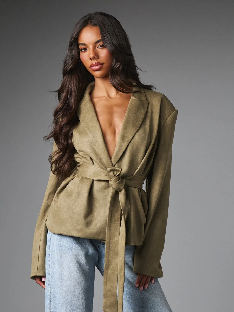 MISSGUIDED Faux Suede Wrap Blazer Jacket With Self-Tie Belt Lapel Collar Oversized Fit Autumn Winter Evening Occasion - Army Green - View 1