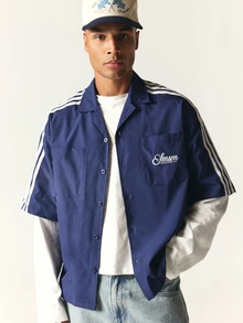 SUMWON Worldwide Navy Short Sleeve Boxy Shirt With White Stripe Detailing And Embroidered Logo Camp Collar Button Down - Blue - View 4