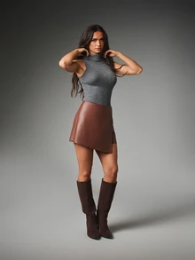 MISSGUIDED Faux Leather High Rise A-Line Mini Skirt With Asymmetric Hem Wrap Style Overlay Detail Fall Winter Chic - Coffee Brown - View 3