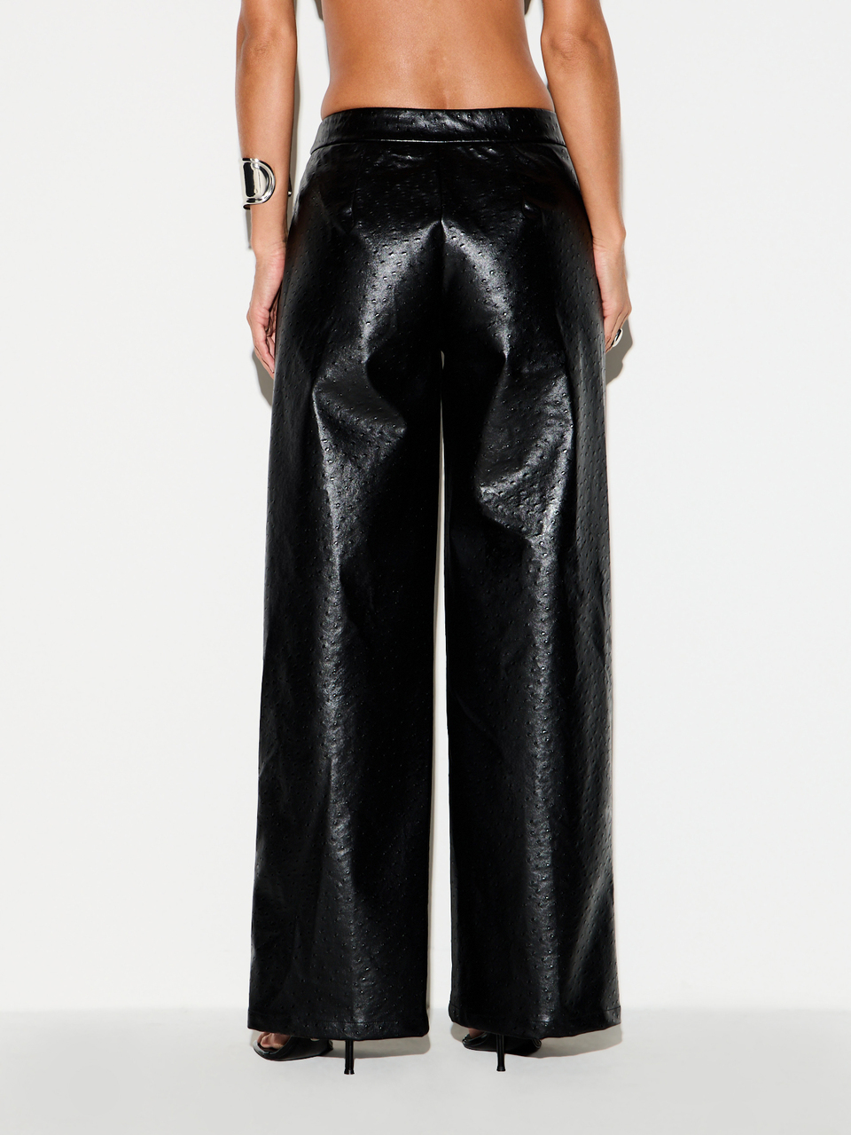 KIZN Wide Leg Faux Leather Pants With Embossed Texture