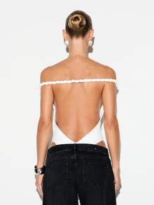 KIZN Off-Shoulder Backless Bodysuit With Twisted Rope Trim Detail Deep V Back Open Cut-Out Spring Summer Night Out Party Wear - White - View 4