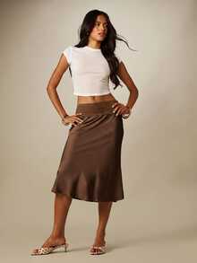 MISSGUIDED Satin Midi Slip Skirt With Floral Lace Waistband Trim Bias Cut A-Line Silhouette Fall Holiday Party - Chocolate Brown - View 3